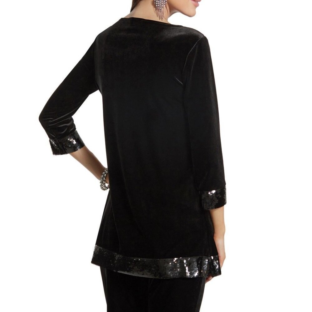 Chico's Travelers Collection Black Velvet Sequin Hem Tunic Size 1 (Medium) NWT - Picture 2 of 7